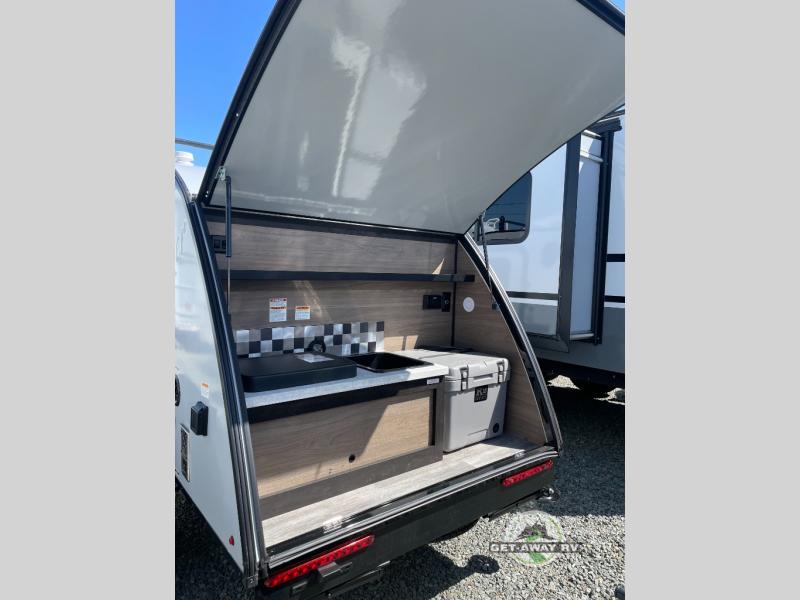 Braxton Creek Bushwhacker 10HD teardrop trailer kitchen on the back of the teardrop trailer